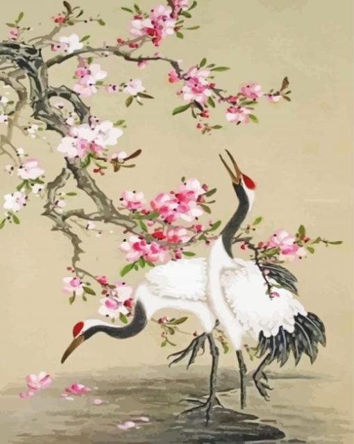 Red Crowned Crane And Blossoms Paint By Numbers