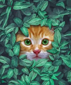 Cat Behind Green Leaves Paint By Numbers