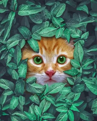 Cat Behind Green Leaves Paint By Numbers