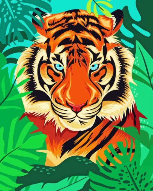Tiger Behind Large Leaves Paint By Numbers