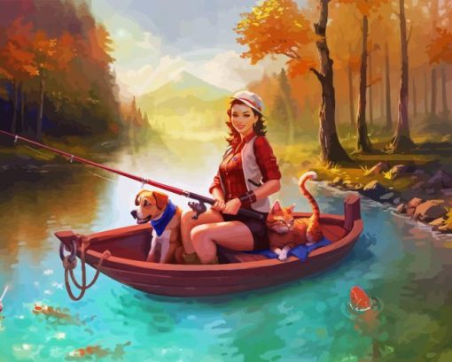 Girl Fishing On Boat Paint By Numbers