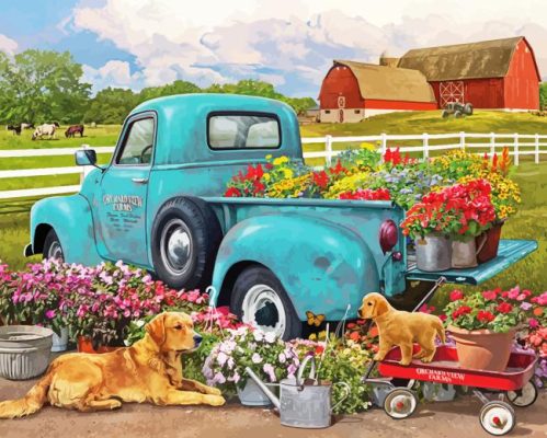 Truck Flower With Dogs Paint By Numbers