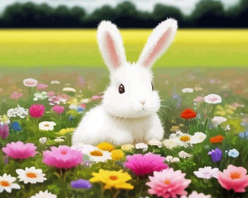 Bunny In Flowers Field Paint By Numbers