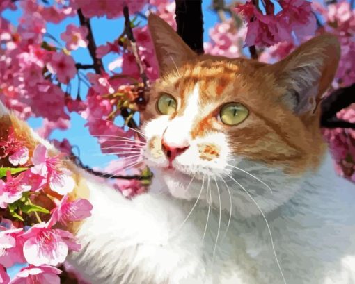 Cat and Cherry Blossoms Tree Paint By Numbers