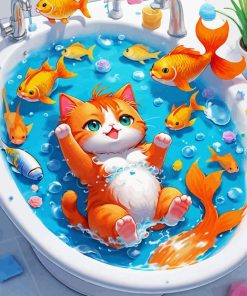 Cat And Fish In Bathtub Paint By Numbers