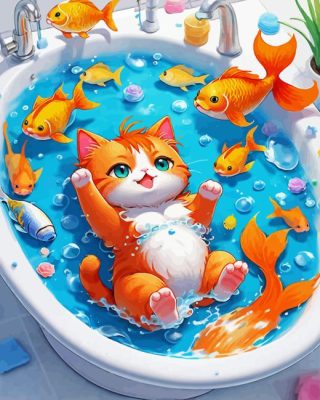 Cat And Fish In Bathtub Paint By Numbers