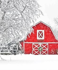 Red Barn In Winter Paint By Numbers