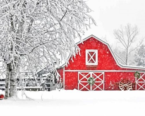 Red Barn In Winter Paint By Numbers