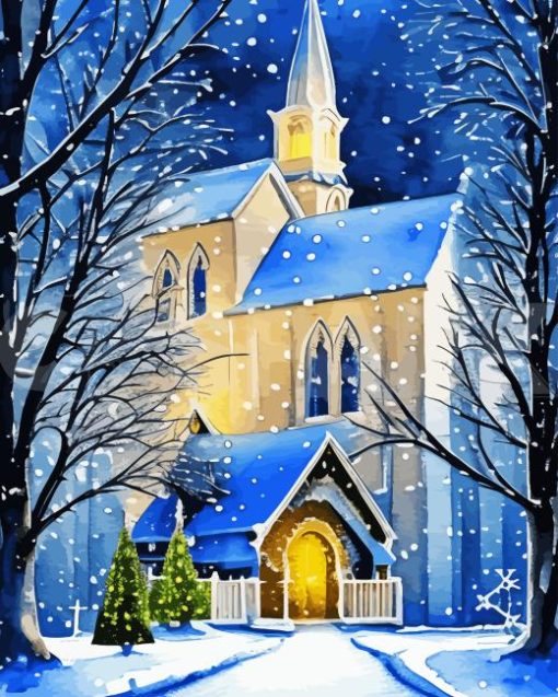 Snowy Winter Church Paint By Numbers